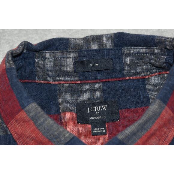 J Crew Dress Shirt Button Up Mens Size Large  Slim Fit Blue Red Plaids Homespun - Picture 5 of 6